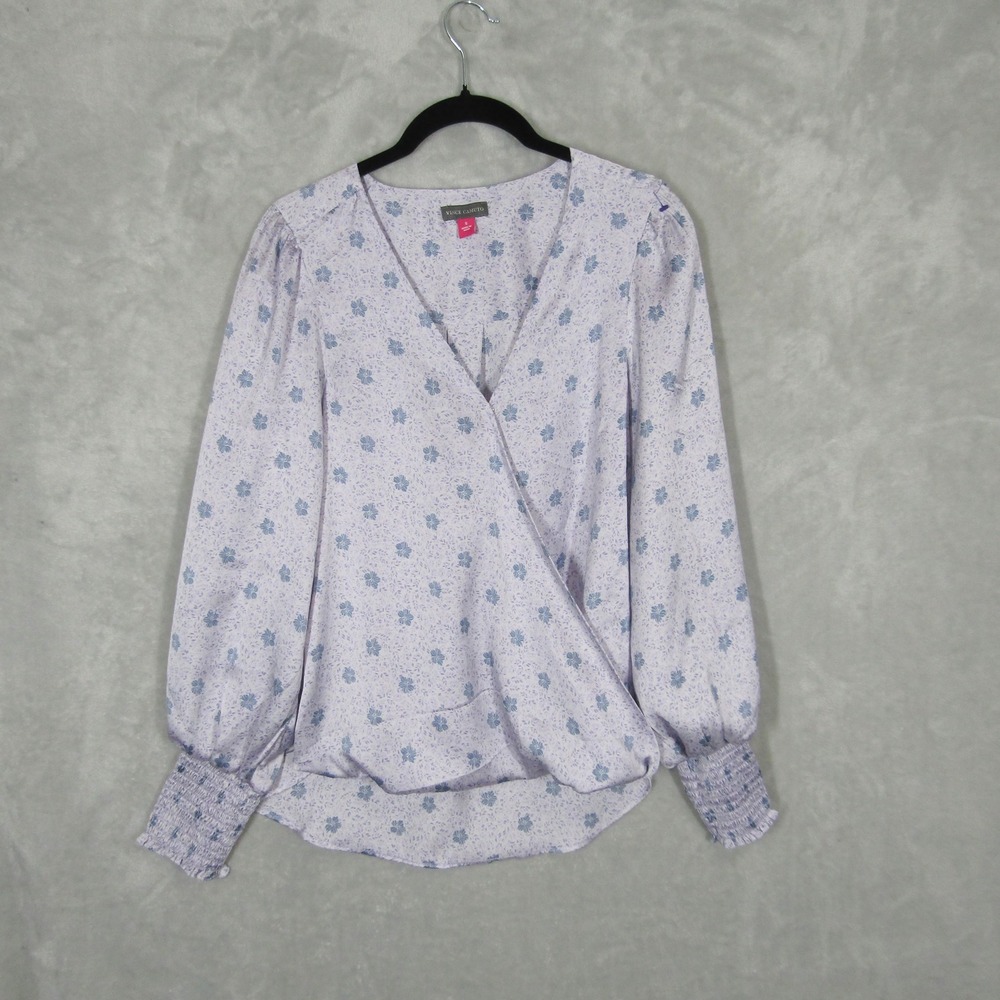Vince Camuto Womens Lavender Floral Faux Wrap Blouse Smocked Cuff Small Satin